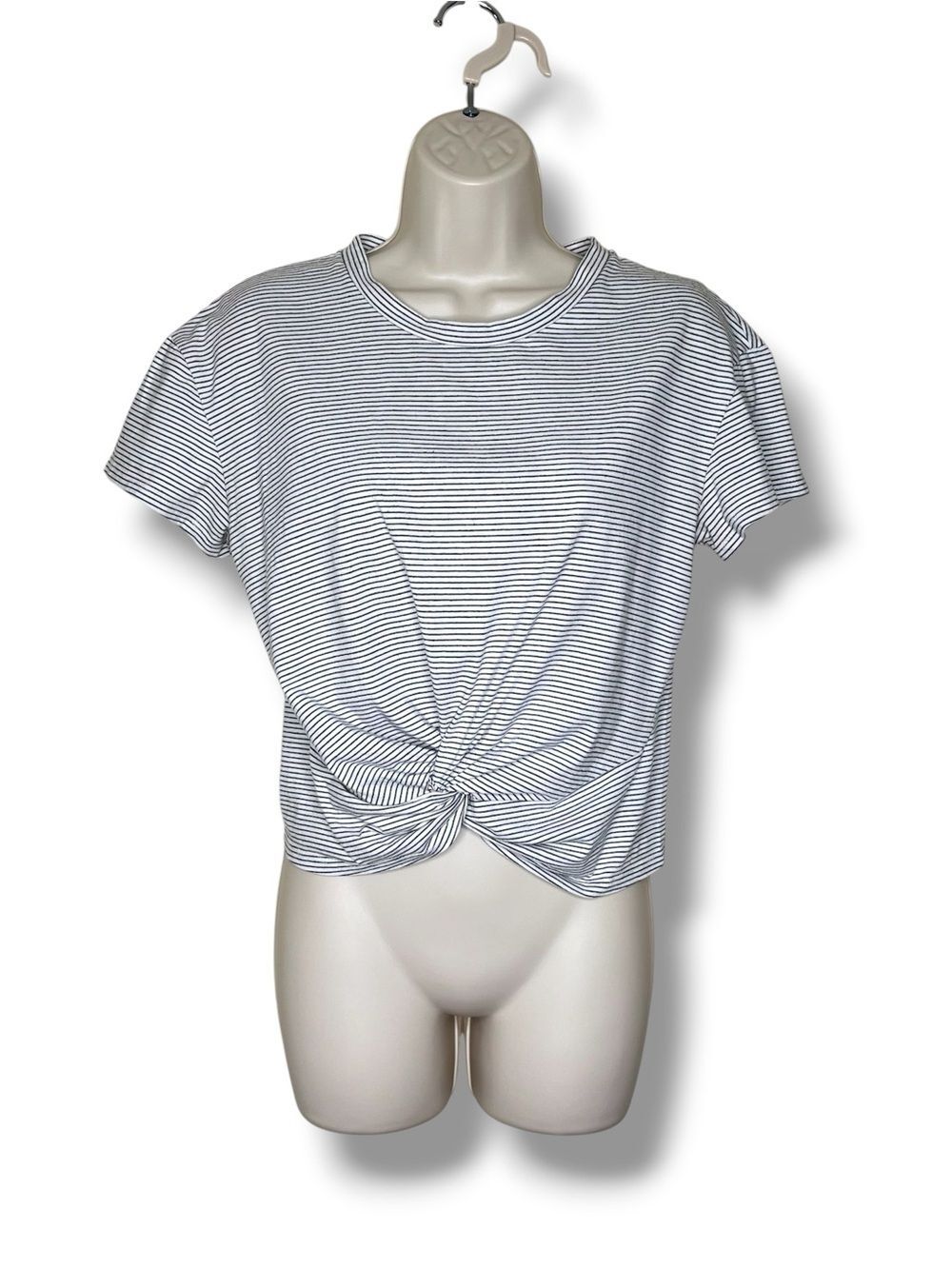 Lush Top Size Small White Black Stripe Twist Front Crop Tee Short Sleeve Casual